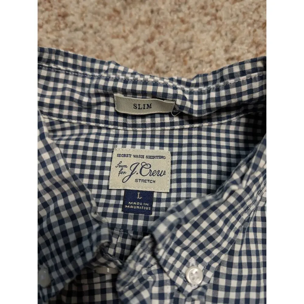 J. Crew Slim button up shirt, men's L, blue/white check pattern; Cotton Stretch